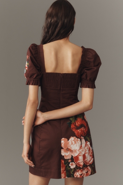 square neck floral mini dress Puff-Sleeve Square-Neck Floral Mini Dress