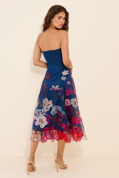 Strapless Floral Chiffon Midi Dress