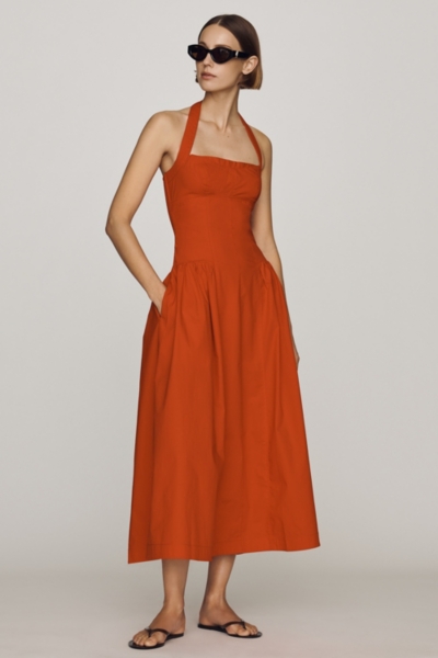 poplin halter midi dress Light Khaki Tall Cotton Poplin Halter Neck Pleated Midi Dress