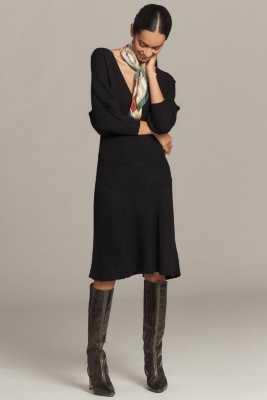 Smocked-Waist Ribbed Sweater Dress