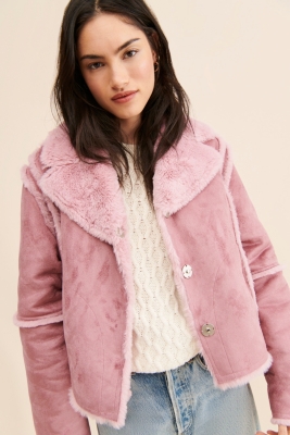 Long oversize pink fur coat