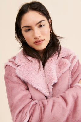 Long oversize pink fur coat