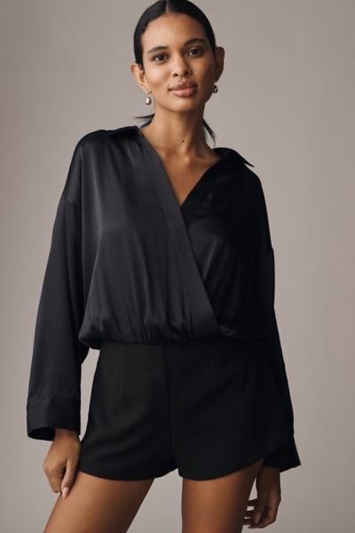 Long-Sleeve Satin Twofer Romper | Nuuly