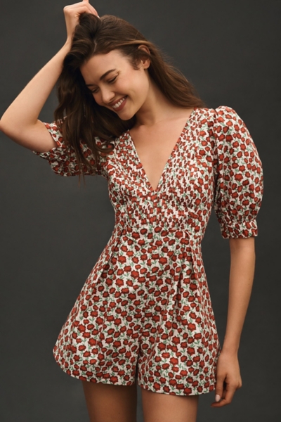 Puff-Sleeve V-Neck Pintuck Romper | Nuuly