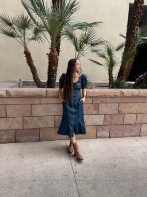 Vegan Leather Puff-Sleeve Zip-Front Midi Dress | Nuuly