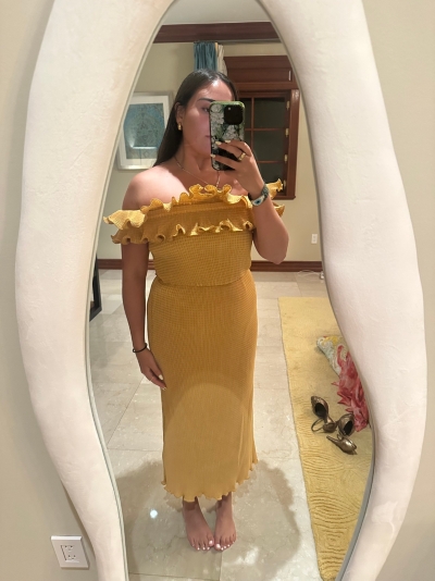 off the shoulder ruffle dress keepsake No Reason Off The Shoulder Sheath Dress