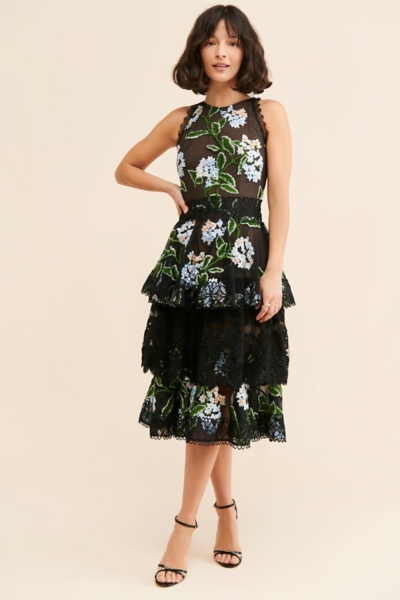 bronx and banco lika belted asymmetric ruffle dress Off Shoulder Floral Beaded Ankle Length Dress In Navy Blush-Navy/Blush /  Regular / 0 main image 1