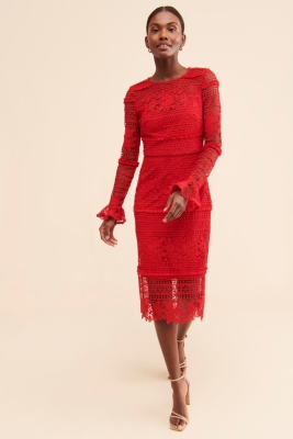 Valentino Red Lace Long Sleeve Dress