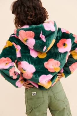 Flower Faux-Fur Zip-Up Hoodie | Nuuly
