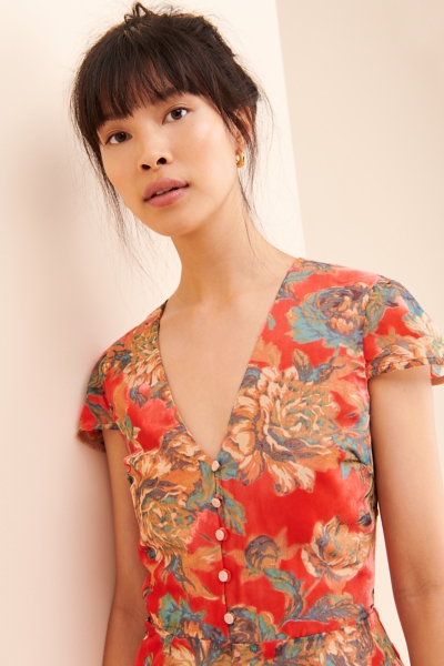 strapless open back dress Red Dress | Orange & Light Pink Floral V-Neck Dress