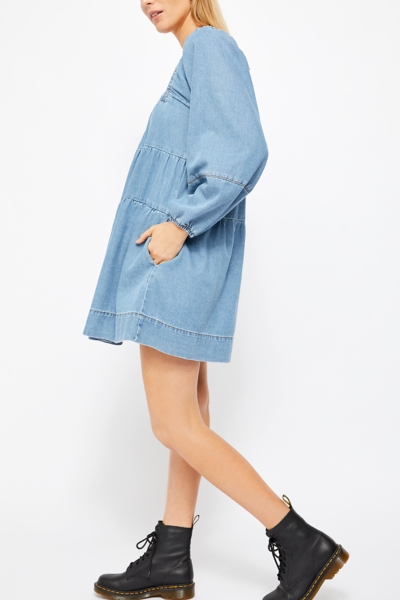 white christmas dresses Denim Puff Sleeve Collared Babydoll Dress main image 1