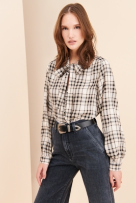 Kiera Tie Neck Plaid Blouse | Nuuly