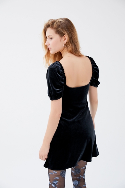 black velvet puff sleeve mini dress Camellia Pleated Mini Dress