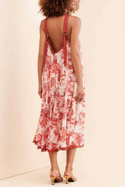 chinese dress ladies Tiered maxi dress with toile de jouy green print