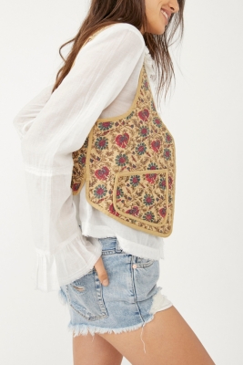 Free People Kenzie Quilted Vest Medium Tan Floral Open sale Front Open Front NEW $108