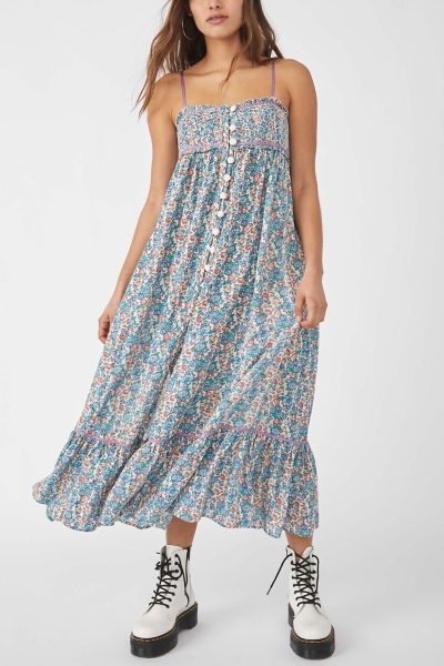 knee length dresses for ladies Free People Molly Jo Blue Floral Midi Dress