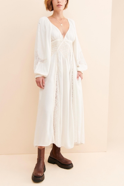 tan dress with white lace Gilana Lace Dress – Retrofete main image 0