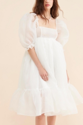 French Puff Ivory Midi Dress