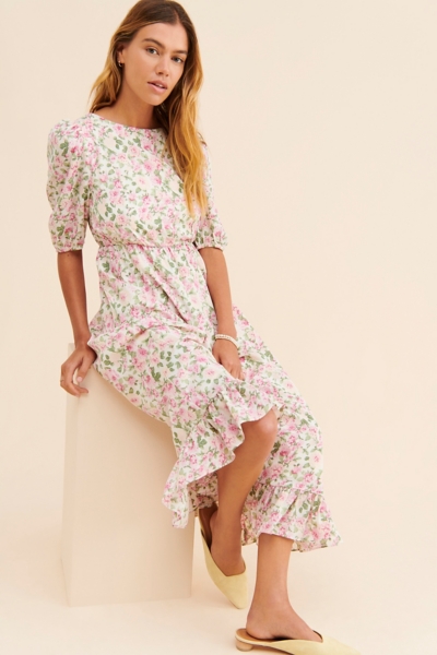 white christmas dresses Delightful Directions V-Neck Floral Ruffled Midi Dress main image 0