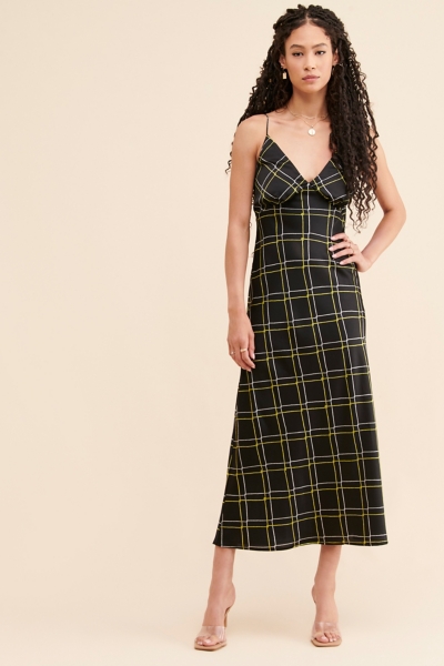 knee length dresses for ladies Entro Black and Cream Plaid Cotton Midi Dress