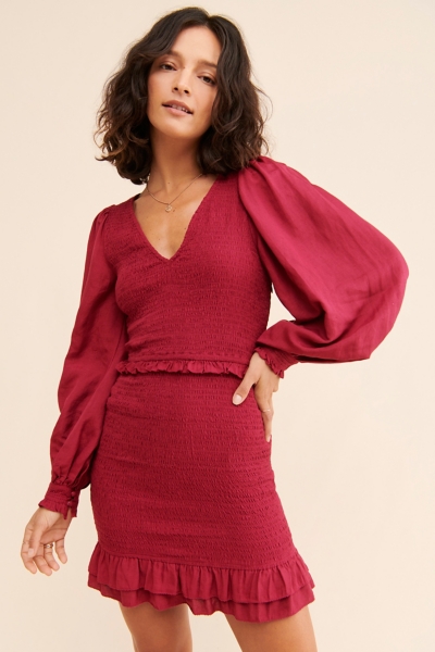 knee length dresses for ladies Red Smocked Puff Sleeve Ruffle Mini Dress main image 1