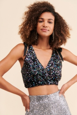 Free People Big Night Sequin Crop Top Black Size M