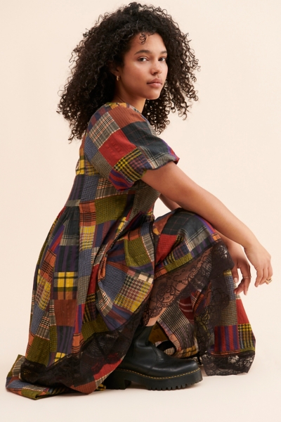 knee length dresses for ladies Women's Peace That Lasts Red Multi Patchwork Print Puff Sleeve Midi Dress | Size: L main image 0