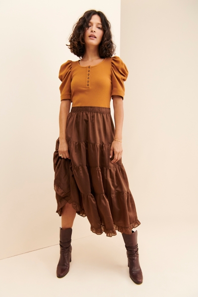 knee length dresses for ladies Rib Henley Midi Dress With Puff Sleeves | Fit and Flare