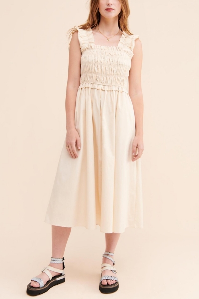 Beige Smocked Midi Dress | Nuuly