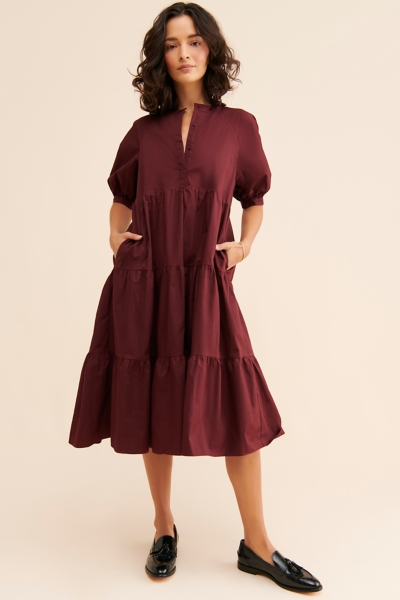 knee length dresses for ladies Buy Pink Cotton Poplin Square Neck Tiered Midi Dress Online at SeamsFriendly main image 1