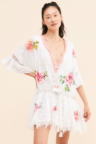 green emerald velvet dress Cream Denim Floral Embroidered Drop Waist Mini Dress main image 0