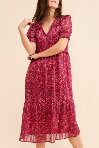 knee length dresses for ladies Umgee Textured Midi Dress with Ruffle Shoulder Detail Navy / L