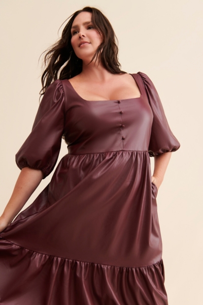 chinese dress ladies Lila Burgundy Faux Leather Plunge-Neck Maxi Dress With Split – Club L  London