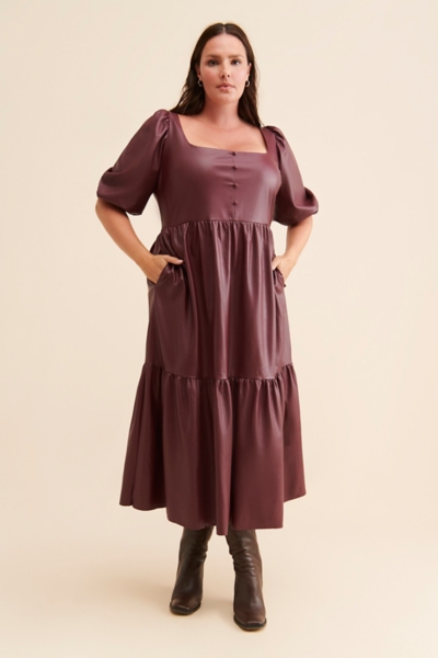 knee length dresses for ladies Lila Burgundy Faux Leather Plunge-Neck Maxi Dress With Split – Club L  London main image 0