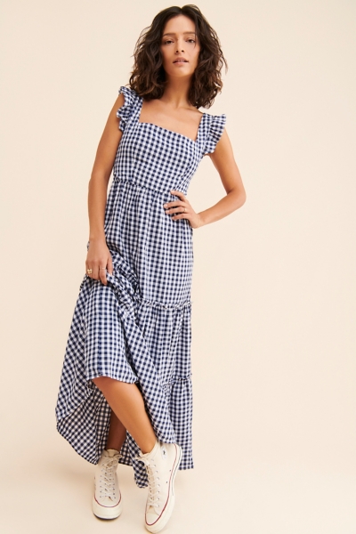 blue dress for baby girl [US Warehouse] Blue 1960s Puff Sleeve Floral Plaid Dress main image 1