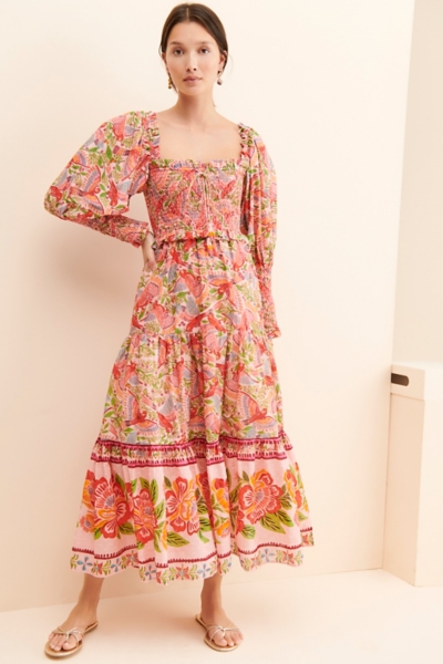 knee length dresses for ladies Farm Rio Off White Macaw Flight Smocked Maxi Dress main image 0