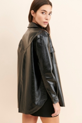 Distressed Vegan Leather Shirt Jacket