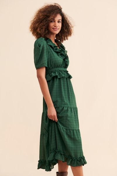 green emerald velvet dress Mac Duggal - Green Short Sleeve Micro Ruffle Midi Dress