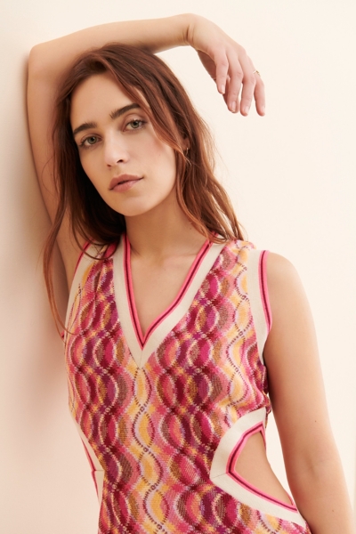 wave pattern knit dress FARM Rio Mixed Waves Lurex Knit Dress Strapless & Vibrant