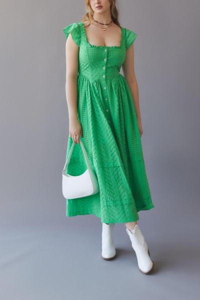 knee length dresses for ladies Green Monstera Corset Eyelet Maxi Dress