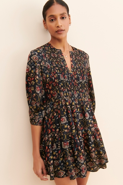 flute sleeve mini dress Estrid Embroidered Mesh Flute Sleeve Mini Dress