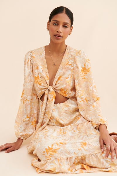 floral tie front maxi dress Lace Spliced Tie Front Floral Print Maxi Dress, Pink / XS