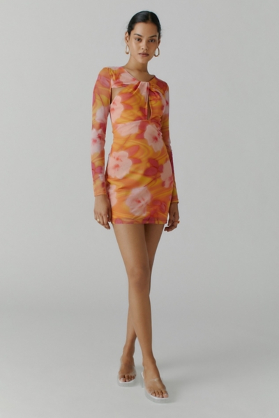 knee length dresses for ladies Sevila Long Sleeve Mini Dress in Mesh Black Abstract Flower Flock