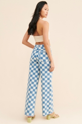 【NONCODE】Zero Checkerboard Denim Pants Double Zero Pants Women's Small Blue Pink Checkered Tight