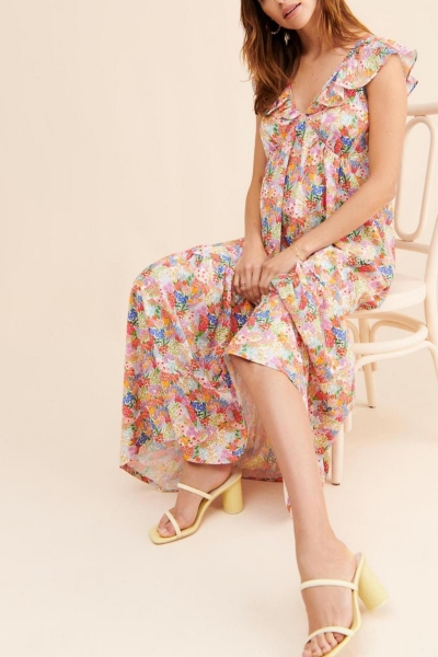 maxi dress with sleeves pink Berylove Women Pink Chiffon A Line Ruffle Maxi Dress with Long Sleeves Tiered V Neck Backless Wedding Guest Dress, Pink / L