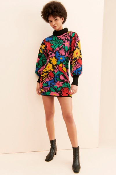 farm rio black pineapple garden mini sweater dress FARM Rio Majestic Garden Beaded Buckle Long Sleeve Mini Dress, Black – Melly