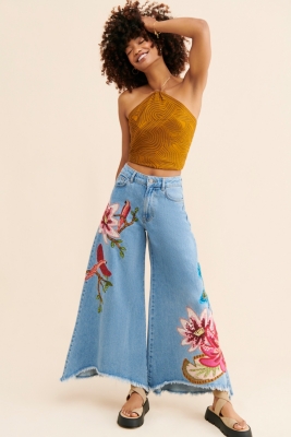 FARM Rio Embroidered Denim Pants in Blue