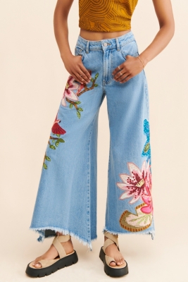 FARM Rio Embroidered Denim Pants in Blue