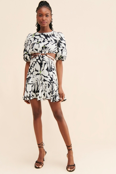 floral cutout mini dress Black Floral Print Fitted Bodice Waist Cutout Mini Dress Medium