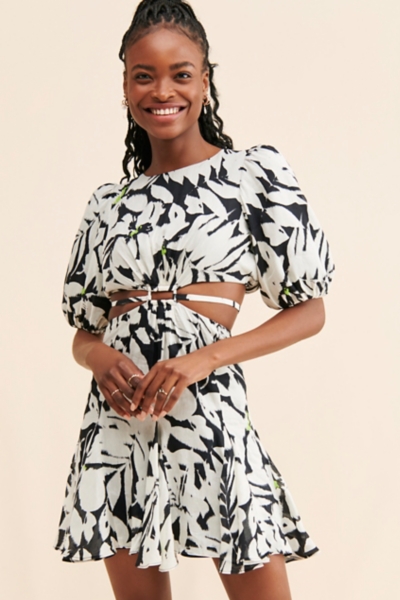floral cutout mini dress Shiara Cut-Out Waist Mini Dress Floral Blue/Yellow